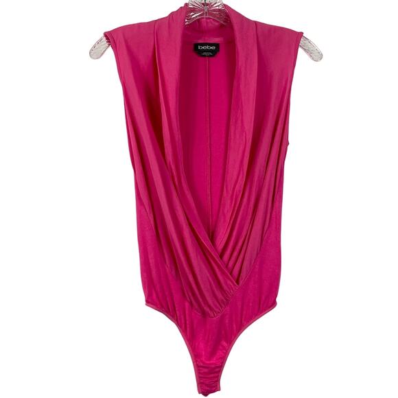 NWOT BEBE Bodysuit XS Silk Crepe Hot-Pink V-Neck Faux-Wrap Draped Stretchy - Picture 1 of 8